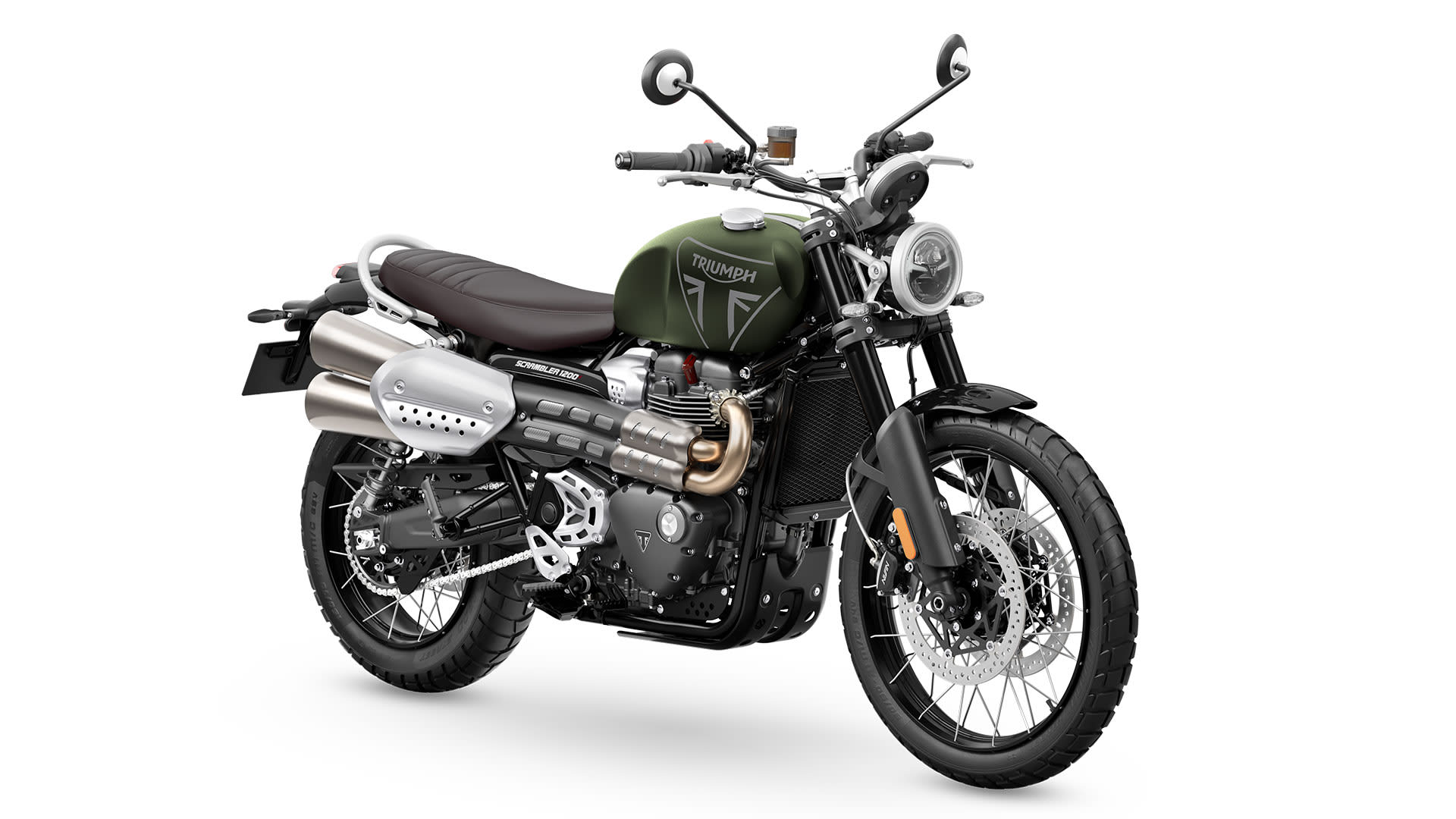 Triumph Scrambler 1200 X in Matt Khaki Green front right angle